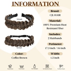 CJL HAIR 2PCs Braided Headbands Hair Piece for Women Synthetic Hair Hoops Head Bands Handmade Braid Hairband Accessories Elastic Stretch Headwrap Coffee Brown
