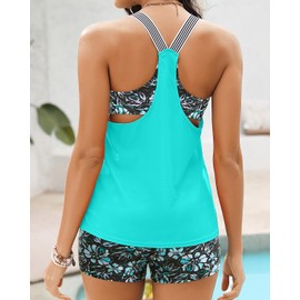 Aqua and Flower Two Piece Tankini Set - 2 Piece Tummy Control Bathing Suits Top with Shorts 2025 Swimsuits Swimwear L