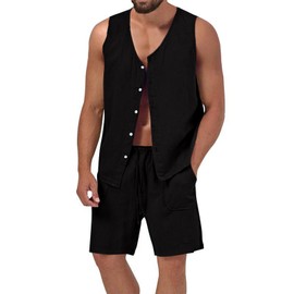 Aulemen Men's Linen Sets 2 Piece Outfits Tank Tops Summer Beach Casual Short Sleeve Hippie Shirts Matching Shorts Set Black XL