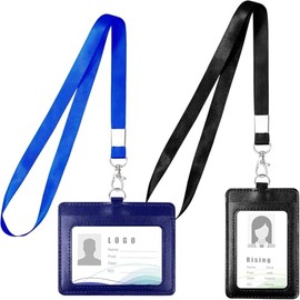 Masper Badge Holder with Lanyard, 2-Sided PU Leather ID Card Holder with Neck Strap, 1 ID Window, 3 Card Slots, for School, Office, Bus Pass-Blue