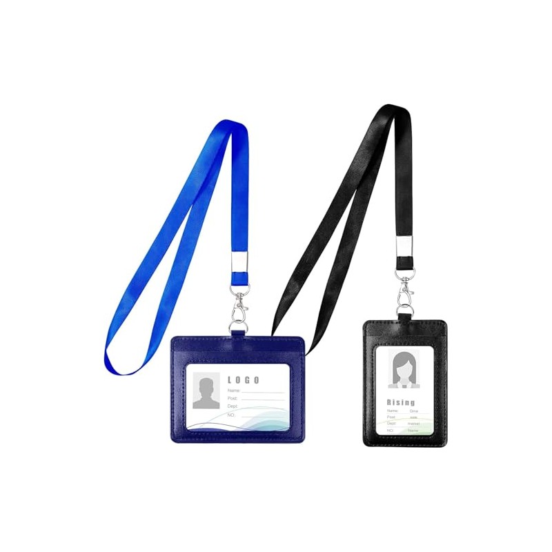 Masper Badge Holder with Lanyard, 2-Sided PU Leather ID Card