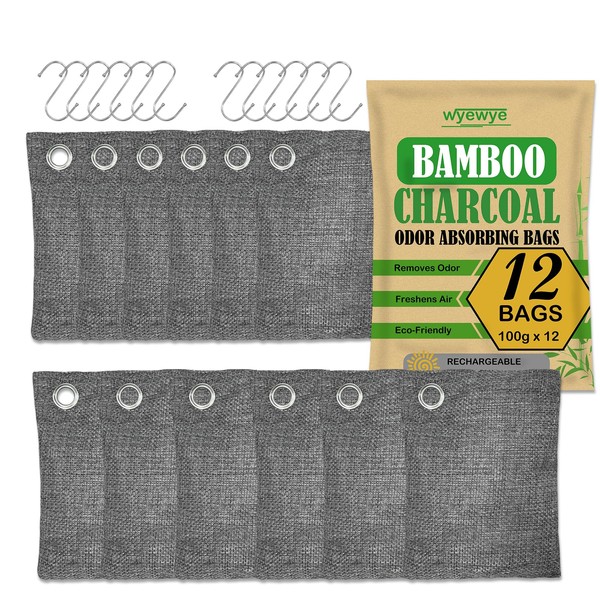 Activated Charcoal Odor Absorber, Natural Fresh Bamboo Charcoal Bags, Home Car Closet Air Freshener Deodorizer Strong Odor, Purifier Bag for Closet,Shoe,Car, Shoe Room Pet safe Bags (12Packs x 100g)