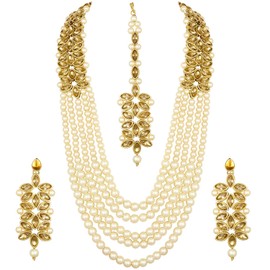 Aheli Classy Faux Kundan Beaded Pearl Long Necklace with Maang Tikka Set Indian Ethnic Wedding Bridal Jewelry Gift for Women