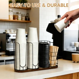 MOJIEZUO 4-Compartment 18oz Coffee Cup Dispenser Rack with Wood Base, Disposable Cup Holder,Cup and Lid Holder with Straw Organizer,for Stirrers Pod Countertop, Plastic Cup Station