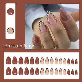 Almond Press on Nails Short French Fake Nails with Leopard Designs Acrylic Nails Full Cover V-Shaped Nails Tip Reddish Brown Glue on Nails Reusable Artificial False Nail for Women Girls, 24Pcs