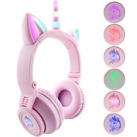 hisonic Children's Bluetooth Headphones, Over-Ear Unicorn Bluetooth Headphones, Girls Headphones with Colourful Lights, Microphone and SD Card Slot for Children from 3 Years (Pink+Purple)
