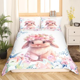 Feelyou Cute Rabbit Bedding Set Twin Size Kids Cartoon Bunny Animal Comforter Cover Set for Boys Girls Teens Flower Floral Print Duvet Cover Farm Zoo Garden Theme Bedspread Cover (No Comforter)