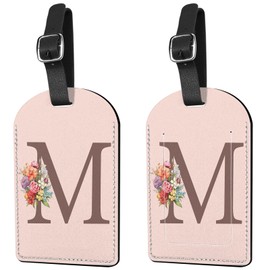 Deokke 2 Pack Initial Letter Luggage Tag Monogram Suitcase Tags PU Leather Cover Aesthetic Cute Monogrammed Travel Bag Labels for Women Girls Men (Pink-M)