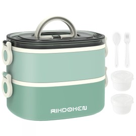 RIKDOKEN Lunch Box, Stackable 2 Layers Containers, Portable 64OZ Large Capacity Leakproof Bento Box with Spoon & Fork & Sauce Boxes, Microwave Safe Lunch Box for Kids and Adults