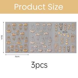 Velvoria 3 Stück 5D Nagelkunst-Aufkleber mit geprägten Blumen, französische Schnitzereien Gold/Silber Blumen Herz Baum Nagelzubehör Retro-Luxus-Maniküre-Zubehör