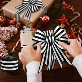 Mupera Black and White Stripe Wired Ribbon - Upgraded Striped Ribbon Boho Christmas Burlap Polyester Ribbons for Gift Wrapping Wreath and Bow Decoration, 1-1/2 inch 10 Yard