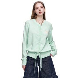 ELFSACK Womens Button-Down Cardigans Stretchy Knit Sweaters Top Drawstring Elastcis Relaxed Lightweight, Green M