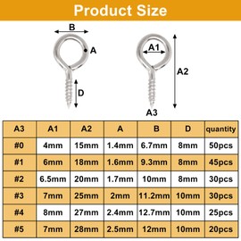 S SYDIEN Screw Eyes Assortment Kit 200 PCS, Silver Eye Hooks Screw 0.6" 0.71" 0.78" 0.98" 1" 1.1"(0#-5#), Eyelet Screws for Hanging Plants, Wind Chime, DIY Jewelry Making, Arts & Crafts