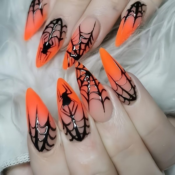 Mkwntg 24Pcs Halloween French Tip Press on Nails Medium Almond