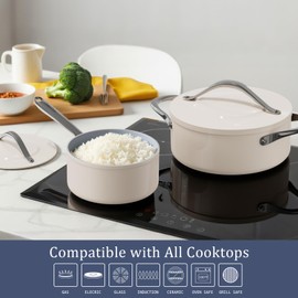 CookinCraze 3.5QT Nonstick Ceramic Sauce Pan with Lid Soup Pot Even Heat Distribution, Non Toxic PFAS-Free Small Cooking Pot for All Stovetops (Induction/Gas/Electric), Oven Safe 500°F, Cream
