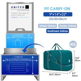 Carry on luaggage 22x14x9 Airlines Approved Foldable Carry on Bag Travel Duffel Packable Duffle Overnight for Women and Men 40L (Teal)