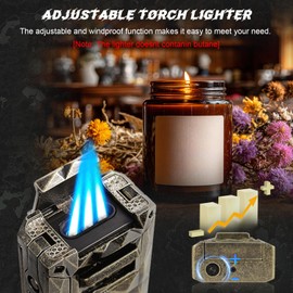 5-in-1 Torch Lighter, with Multi-use Tool, Holder, Punch, and Draw Enhancer Tool, Adjustable 3 Jet Flame, Multifunctional Accessories for Men, Refillable Butane Lighter with Gift Box, Outdoors, Travel