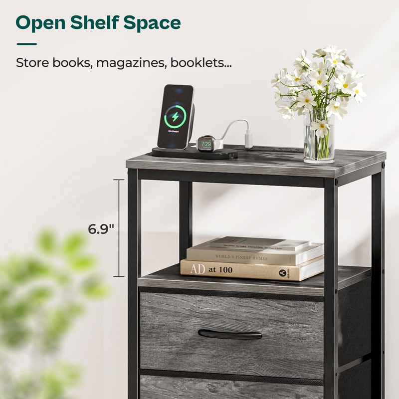 Huuger Nightstand with Charging Station, Fabric Drawers, End Table with