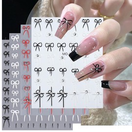 French Bow Nail Art Sticker,3D Black White Red Elegant Bow Line Rhinestone Self-Adhesive with Bow Tie Nail Design Stickers Nail Art Supplies French Nail Tip Gel Polish DIY Manicure Decoration 4Pcs
