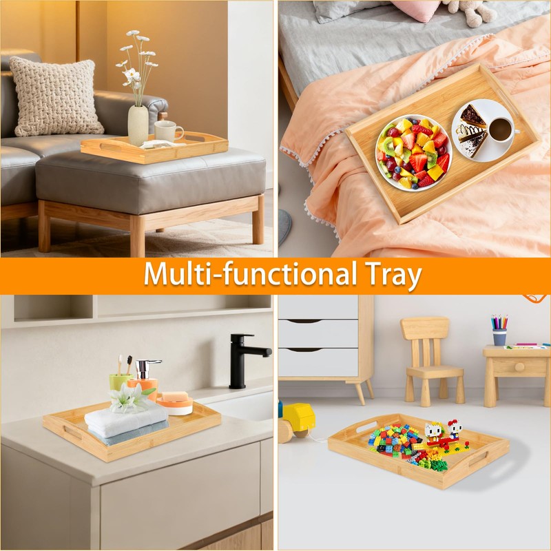 2 Pack Bamboo Serving Tray with Handles, Portable Bed Tray