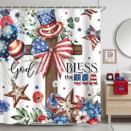 ZCHOMI 4th of July Shower Curtain God Bless USA 250th Anniversary Red Blue Floral Cross Independence Day Star Patriotic Bathroom Curtain Waterproof Fabric Bath Curtain 72 x 72 Inch with 12 Hooks