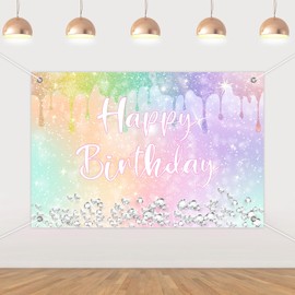Sursurprise 5x3ft Iridescent Diamond Happy Birthday Backdrop Banner Photography Background Photo Booth Studio for Girls Women Iridescent Diamond Birthday Decorations Party Supplies