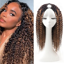 Ainmeys Curly V Part Wigs Ombre Brown V Shape Wigs for Black Women No Leave Out Lace Front Wigs Upgrade U Part Wigs Glueless Full Head Clip In Half Wigs(#FB30 22IN)