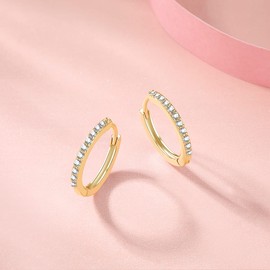 Silver Hoop Earrings for Women, 12mm Gold Plated Small Hoop Earrings with AAA Cubic Zirconia, Hypoallergenic Sleeper Huggie Hinged Hoops Cartilage Earrings