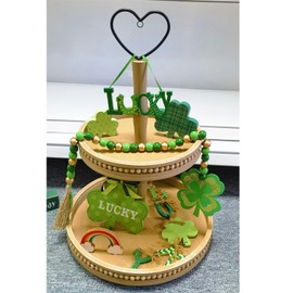 3 Tiered Tray Wooden Serving Stand Small Beaded Tray for Home Decor Display Farmhouse Country Decoration Kitchen or Dining. LIGHT BROWN