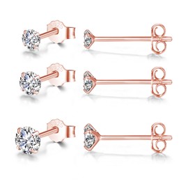 Bewenda Stud Earrings Silver 925, 3 Pairs Silver Earrings Stud Set, Heart Round Stud Earrings Set with Zirconia, Small Sleeping Cartilage Stud Earrings 3/4/5 mm, Hypoallergenic Earrings for Multiple