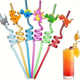 【Clearance】 Cartoon Dinosaur Disposable Drinking Straw, 10pcs/5pcs Random Cute Style Drinking Straw, Straw for Birthday Party Baby Shower - Color: Random Color, Specification: 5pcs