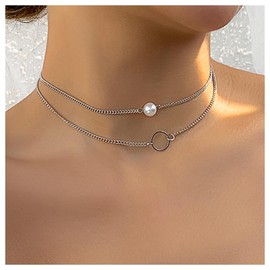 Andelaisi Bohemian Layered Pearl Necklace Choker Silver Hollow Circle Pendant Necklace Vintage Pearl Choker Necklace Geometric Karma Circle Necklace Jewelry for Women