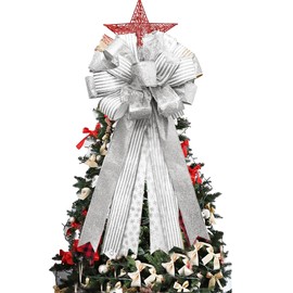 Christmas Tree Topper,30x13 Inches Large Toppers Bow with Streamer Wired Edge for Christmas Decoration (Silver, 30x13inch)