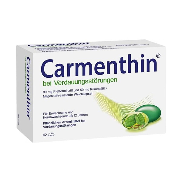 Carmenthin For digestive disorders, 42 soft capsules, herbal medicine for bloating, bloating and pain, with peppermint oil and caraway oil, soothes the irritated gastrointestinal tract