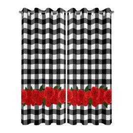YESOF66 Valentine's Day Patio Outdoor Curtains Waterproof Outside Curtains Red Rose on Black White Buffalo Plaid Grommet Top Outdoor Vertical Drapes for Porch, Pergola, Cabana, 2 Panel, 52 x 95 inch