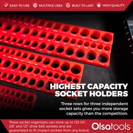 Olsa Tools Magnetic Socket Organizer | 3pc Socket Holder Kit | 1/2-Inch, 3/8-Inch, & 1/4-Inch Drive | Socket Organizers For Toolboxes | Red | Holds 123 | Professional-Grade Tool Organizer | Part 1560