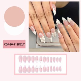 Almond False Nails - 24pcs French Stick On Nails - Pearl Bow Press On Nails Medium Length - Elegant French Style Glue On nails - Full Cover Comfortable Acrylic nails For Women Nail DIY
