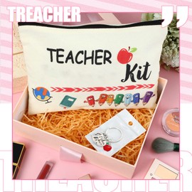 MTLEE Teacher Appreciation Gift for Women Teacher Kit Gift with Teacher Makeup Pouch Cosmetic Bag Thank You Teacher Keychain with Initial for Teacher Week and Graduation Gifts(E Shape)