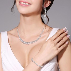 Ever Faith Art Deco Wedding Jewellery Stunning Cubic Zirconia Faux Pearls Bridal Necklace Long Dangle Earrings Bracelet Sets for Women Bride Bridesmaid