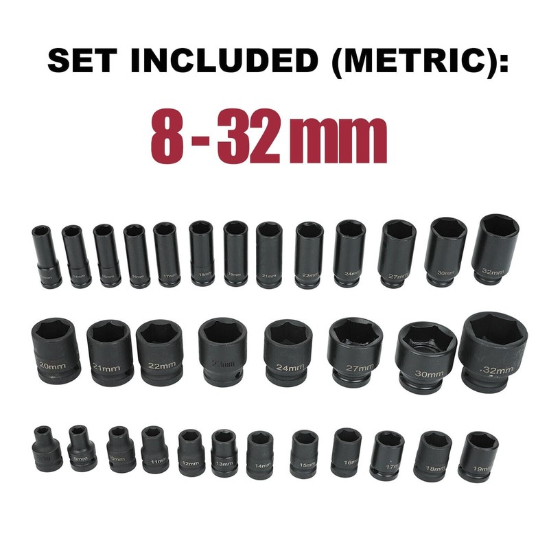 frperce 35pcs 1/2 Inch Drive Deep Impact Socket Tool Set