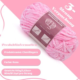 Benlay 3 x 100g (3 x 80m) Chenille Yarn, Velvet Yarn for Knitting and Crochet with Large Eye Needles, Soft Chenille Yarn for Clothes, Blankets, Bags, Sweaters, DIY Knitting Projects (Pink)