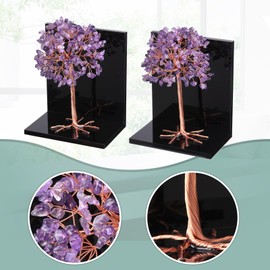 Amogeeli 1 Pair Healing Crystal Tree of Life Acrylic Bookends for Heavy Books, Decorative Fengshui Stone Tree Book Ends for Shelves Desktop Home Office, Amethyst