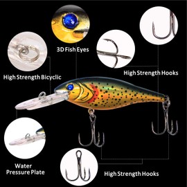 AGOOL Fishing Lures Hard Bait Minnow Crankbait Life-Like Swimbait Bass Fishing Bait Set with 3D Fishing Eyes, Strong Treble Hooks for VIB Sinking Lures Bass Trout Walleye Redfish