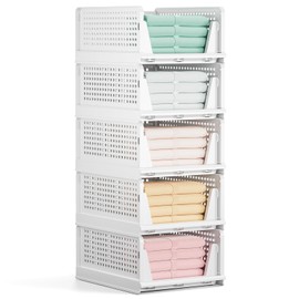 Mavivegue 5 Pack Stackable Closet Storage, Plastic Drawer Basket,Closet Organizers Storage Box for Cupboard,Bedroom, Kitchen, Bathroom, Office White
