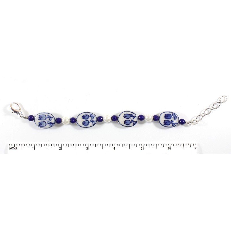 Style ARThouse Tulip Time Dutch Blue Delft Porcelain Bracelet, Adjustable