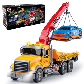 MAJCL 15" Large Tow Truck Toy,Friction Powered Transport Truck Crane Toy with Lights and Sounds,with Roadster,Kids Toys for 3 4 5 6 7 Years Old Boys Girls Gifts