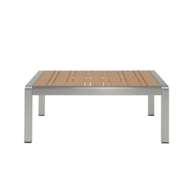 roomfitters Outdoor Aluminum Coffee Table, Modern Weatherproof Patio Table for Garden, Deck, or Balcony, Teak+Silver