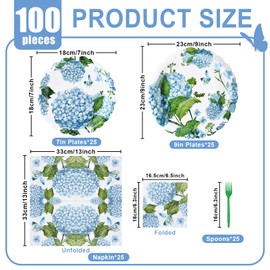 100 Pieces Blue Hydrangea Tableware Set Party Supplies – Floral Themed Disposable Dinnerware with Paper Plates, Napkins, and Forks for Birthdays, Weddings, Garden Parties – Serves 25