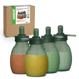 haakaa Silicone Hippo Pouch – Reusable Baby Food Pouches, Reusable Food Pouches, Wide Neck Silicone Pouch for Easy Fill & Clean, Great for Smoothies,9oz, 4 Pack, 6m+ (Pea Green)