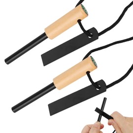 2 Sets Flint and Steel,Magnesium Stick Fire Starter with Wooden Handle and Compass,Reusable Ferro Rod Fire Stick,Wild Camping Equipment,Fire Starter Kit for Travelling Camping Hiking